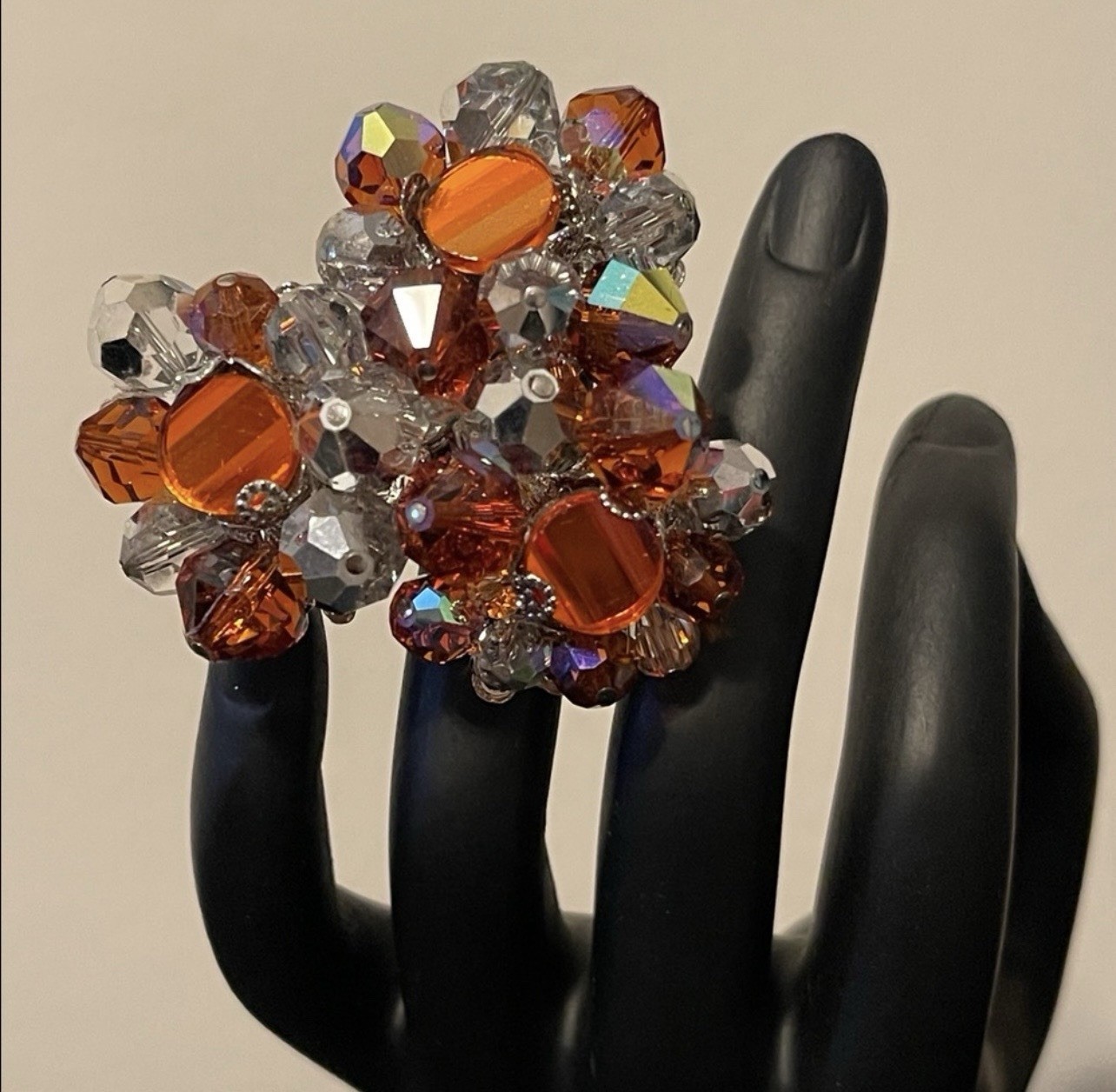 Vintage Vendome Faceted Glass Bead & Aurora Borealis Orange Cluster Brooch