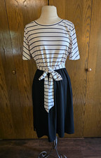 MEROKETY Striped Knit Midi Dress Tie Waist  Fit & Flare Women's M Pre-owned EUC 