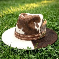 Cowhide Leather Steampunk Cowboy Hat, Two Tone Western Fedora, Feather Accent