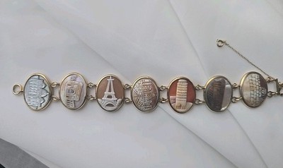 Vintage 12kt Gold Filled Grand Tour of Europe Carved Cameo Plaque Bracelet 8''