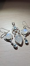 Artisan 925 Sterling Silver Moonstone & Blue Topaz Pendant and Earring Set Boho