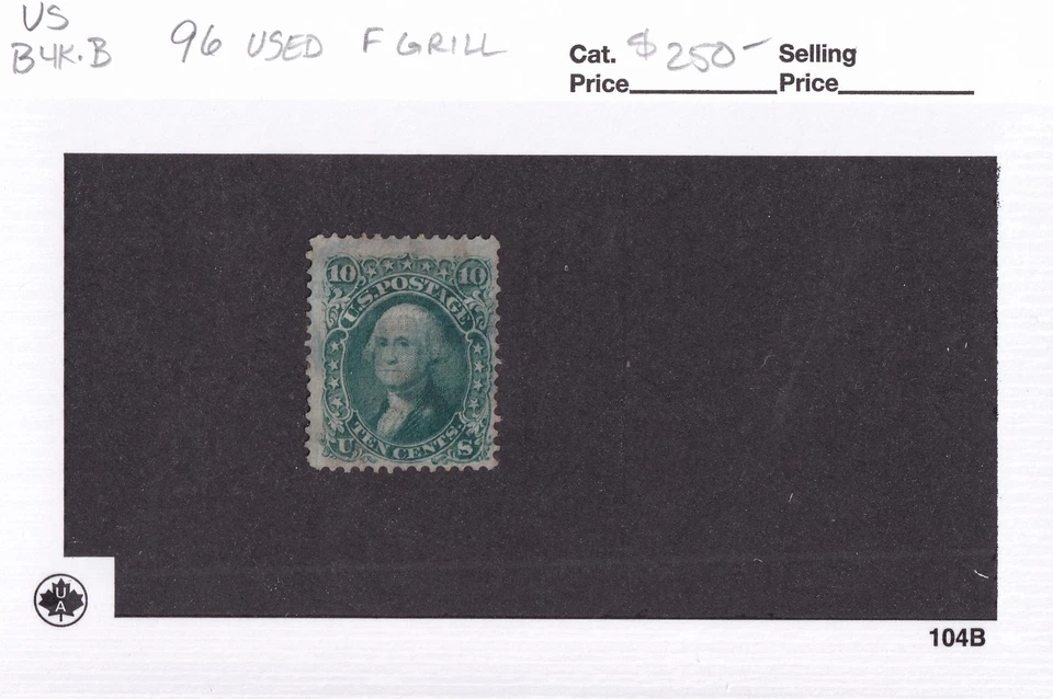 SELLOS DE MATT SCOTT #96 USADOS VERDE 10 CENTAVOS GEORGE WASHINGTON, PARRILLA F, CV $250 Foto 3 de 3