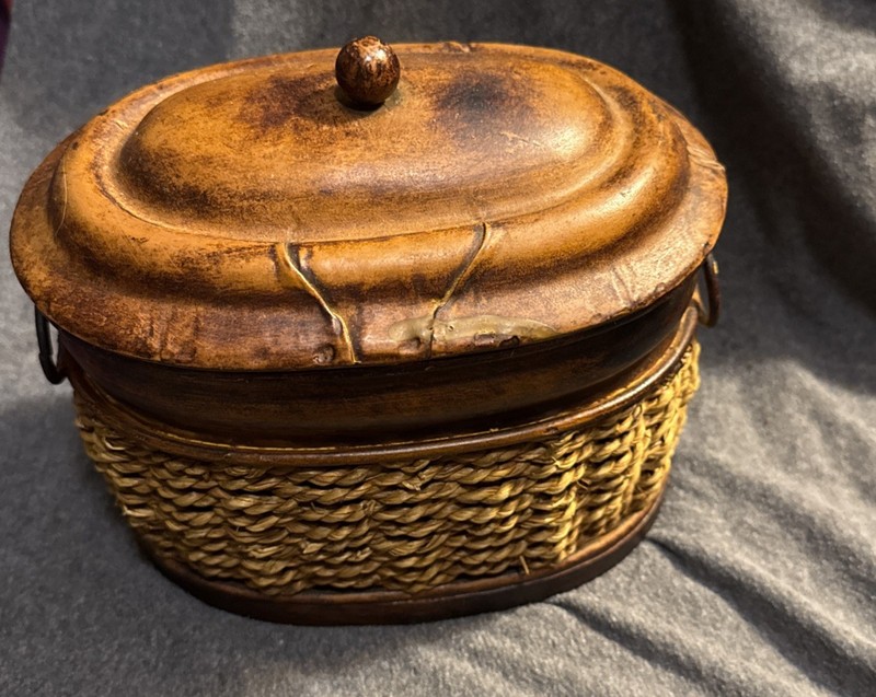 Sturdy Metal And Braided Rope Lidded Farmhouse Basket Bohemian