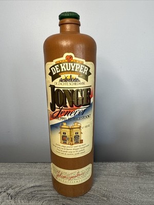 Stoneware Jenever Bottle De Kuyper Holland 100cl Dutch Language Label, Lid Empty