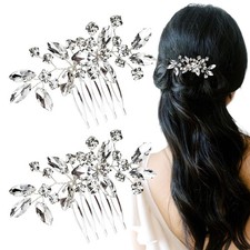 2PCS Silver Small Rhinestone Hair Combs, Clear Crystals Wedding Metal Hair Co...