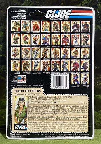 Vintage 1985 G.I. Joe LADY JAYE v1 Full UNCUT Peach File Card Back GI GIJoe ARAH