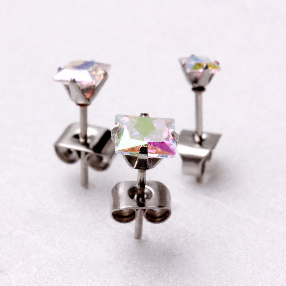 Pair of 316L Stainless Steel Aurora Borealis Princess Cut Cubic Zirconia Studs - Image 3 of 4