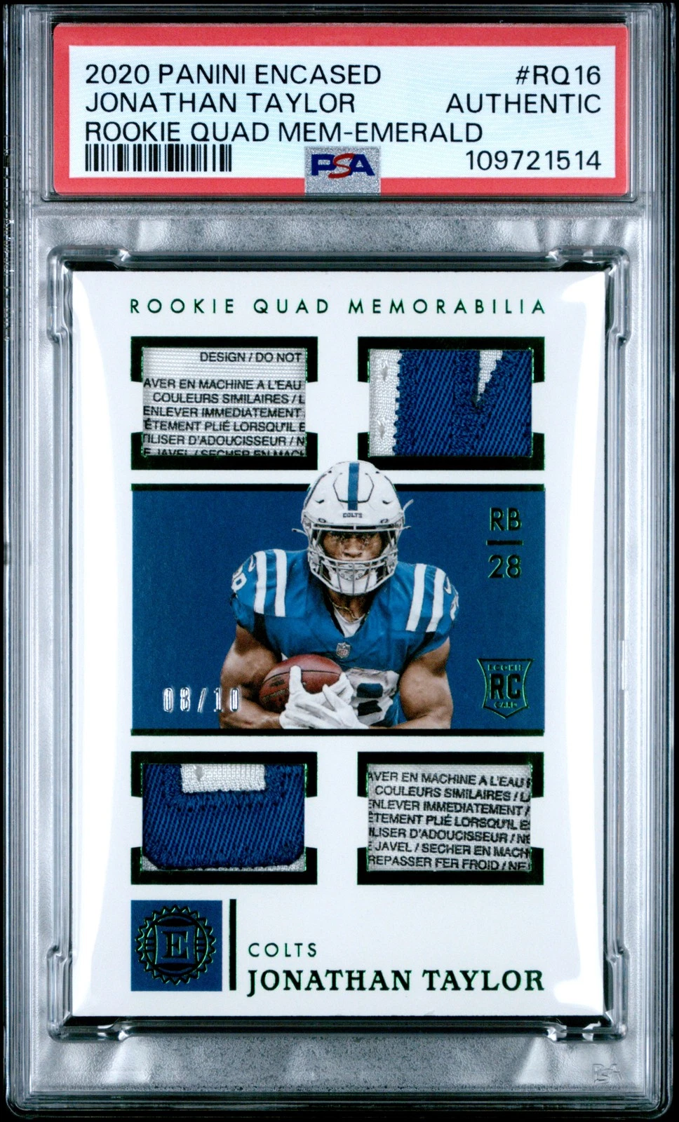 Jonathan Taylor Panini Encased Rookie Quad Memorabilia #RQ16 Emerald