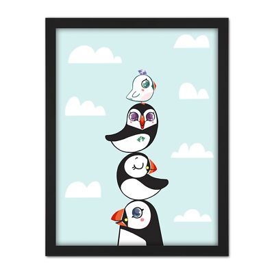 Puffins Family Stacked Large Framed Art Print Wall Poster