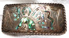 VINTAGE MEXICAN STERLING SILVER ABALONEWESTERN DESIGN BELT BUCKLE  SIGNED