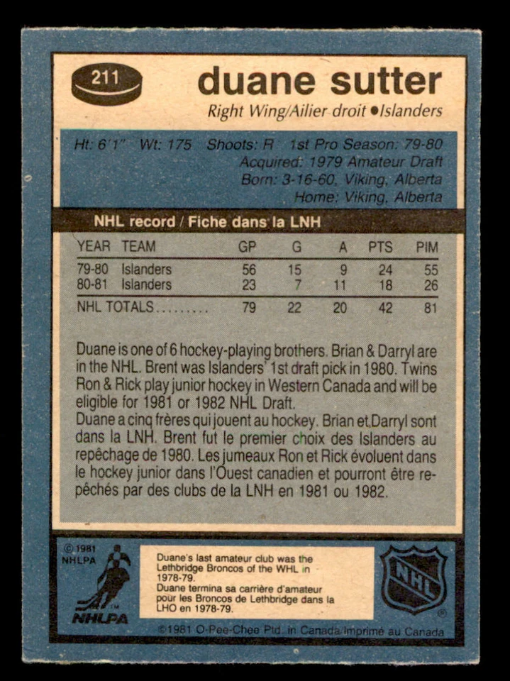 1981-82 O-Pee-Chee #211 Duane Sutter RC (ref 228851) - Image 2 of 2
