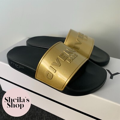 NIB Givenchy Black Gold Logo Pool Slides Size 37 UK