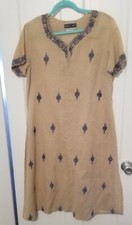 Vtg India Nightgown Silk Beige Blue Flowers Mid Length Elegant Brocade Label