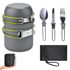 Outdoor Portable Camping Picnic Pot Bowl Cookware Set Tableware Knife Fork Spoon