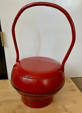 Antique Chinese Red Lacquer Wooden Wedding Basket Bucket w/ Lid & Handle