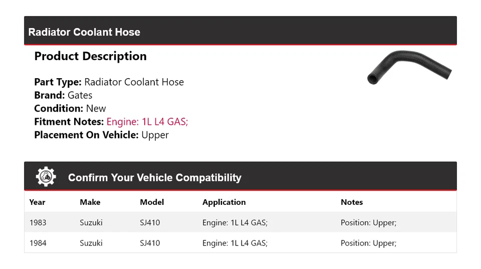 Manguera de refrigerante de radiador de gas para Suzuki SJ410 1983-1984 1L L4 puertas superiores Foto 2 de 4