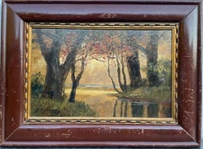 IMPRESSIONISM EVENING MOOD ON A FOREST LAKE SHORE TREES REFLECTIONS 43X32CM