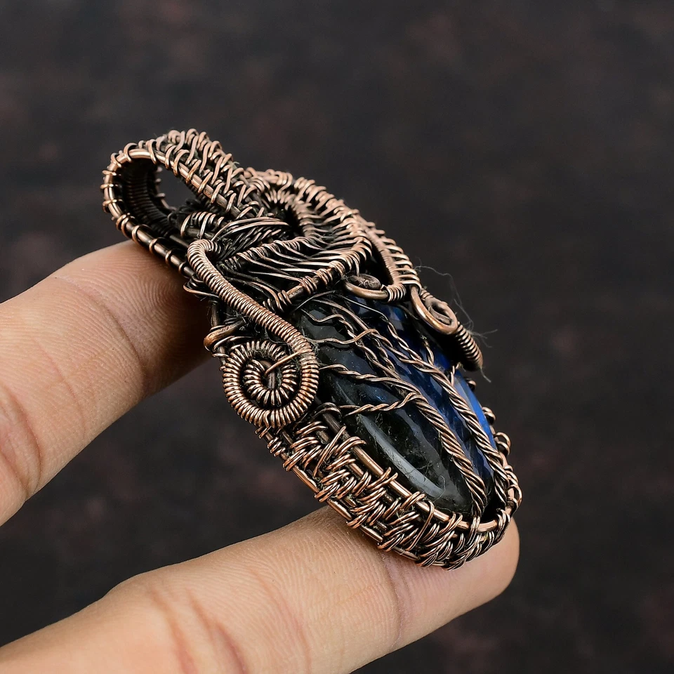 Уникальный кулон из проволоки лабрадорита с деревом жизни ручной работы из меди 2,68 дюйма - Изображение 3 из 4