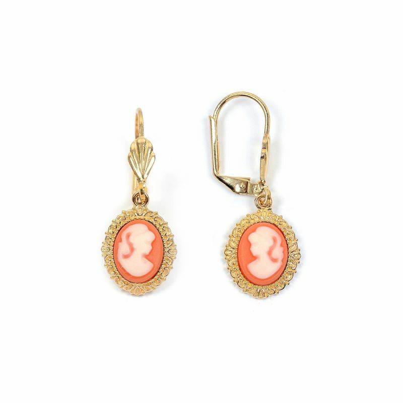 Boucles d'oreilles camée plaqué or 750/000 pendantes avec bordure travaillée artisanale