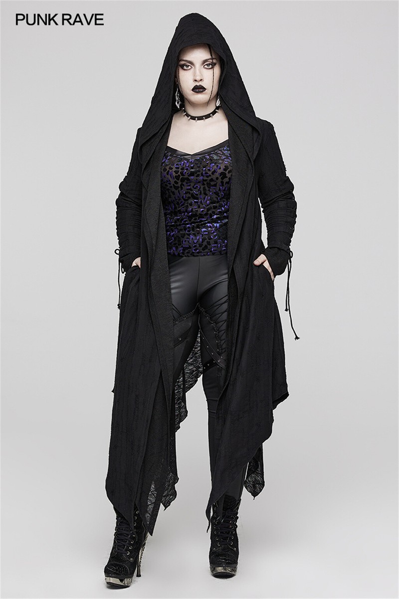 Punk Rave Women Black Gothic Decadent Layered Hooded Long Plus
