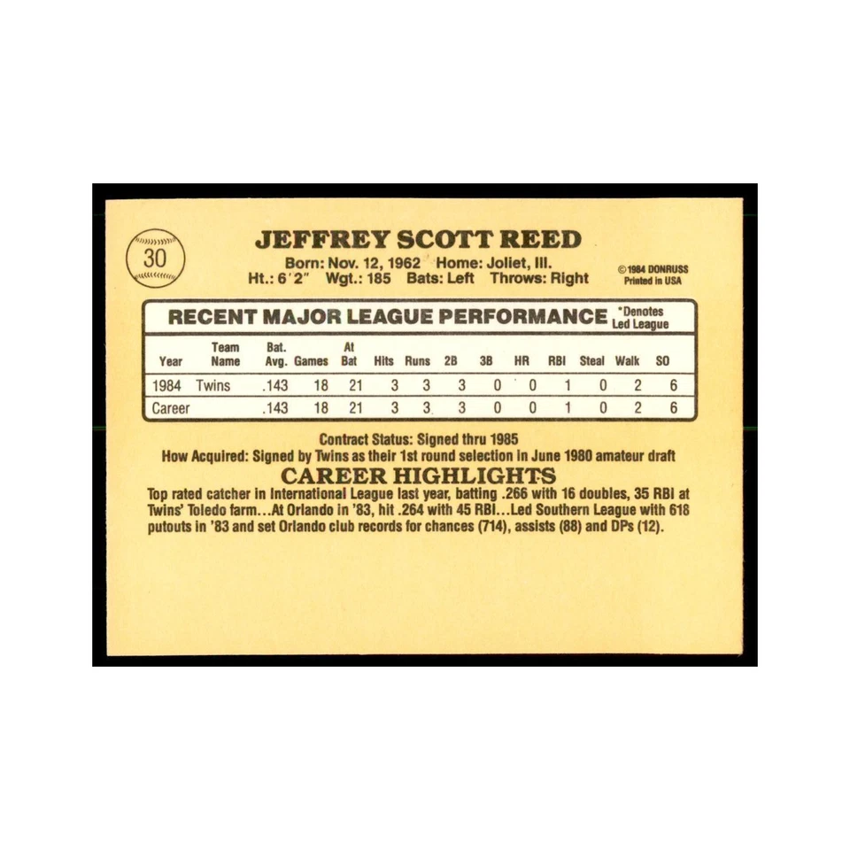 1985 Donruss Jeff Reed Baseball Cards #30 - Image 2 of 3