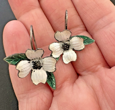 Vintage Thousand Flowers Dogwood Flower Enamel Earrings Sterling Silver 925