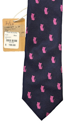 $155 New ALTEA Milano Neck Tie 100% Silk Navy Pink Cat Critter Print MADE ITALY