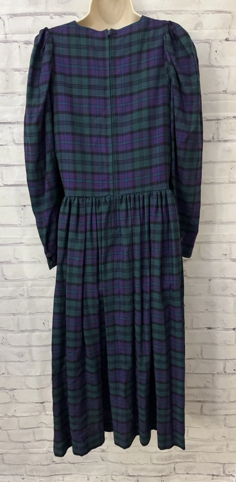 Laura Ashley Size 10 Vintage 80’s Plaid Wool Maxi Dress Green Purple Tartan - Image 3 of 4