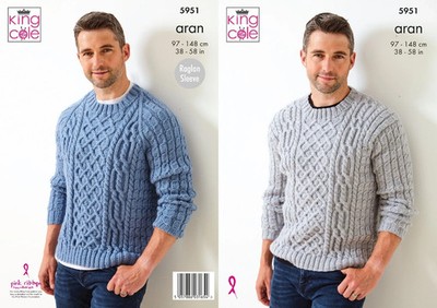 King Cole 5951 Herren Pullover, Pulli STRICKMUSTER Aran Garn Größe 38-58 Zoll