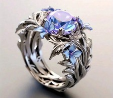 Silver Floral Cocktail Ring Purple Blue Round Stone Leaf Nature Design