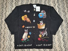 NEW Vtg Quacker Factory Cat Cardigan Sweater Size 2X Embroidered 90s Kitty 3D
