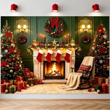 7x5ft Christmas Backdrop Green Xmas Fireplace Backdground Cotton Fabric, Chris