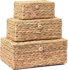 Set of 3 Wicker Storage Baskets with Lid, Rectangular Rattan Basket Decorative B
