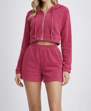 Pink Velvour Hoodie Co Ord Shorts Set Size XL 14 16