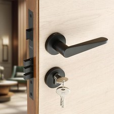 Black Finish Mortise Main Door Lock Handle Set With 3 Brass Key. Set of 1.