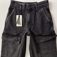BNWT Ladies River Island Tapered Cargo Combat Black Faded Jeans Size 6 R (366C)