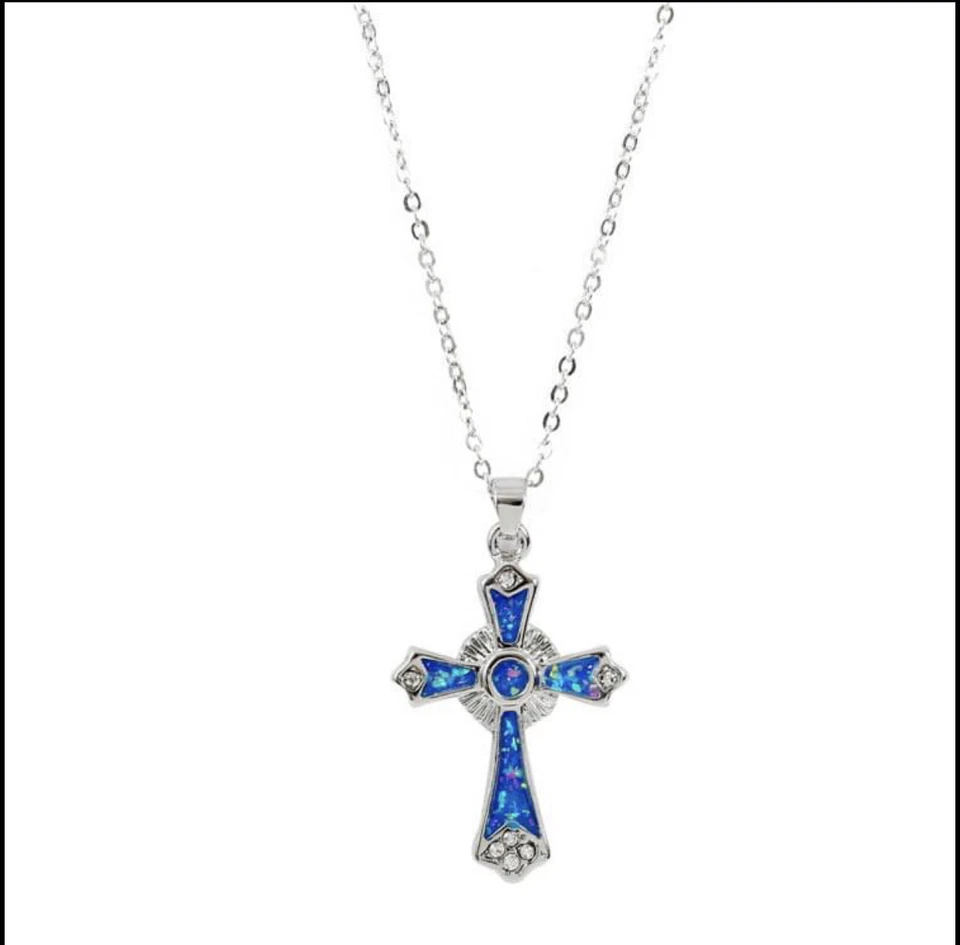 Geometric Blue Opal Color Cross Crucifix Pendant Necklace. Us Seller - Image 4 of 4