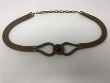 Vintage Brass Hollow Mesh Rope Snakeskin Chain Belt w/ Faux Tiger Eye Accent 38"