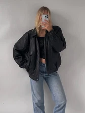Black Oversized Leather Jacket Women's Genuine Leather Vintage Black Bomber