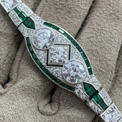 7 Ctw Created Diamond & Emerald 14K White Gold Plated Vintage Antique Bracelets