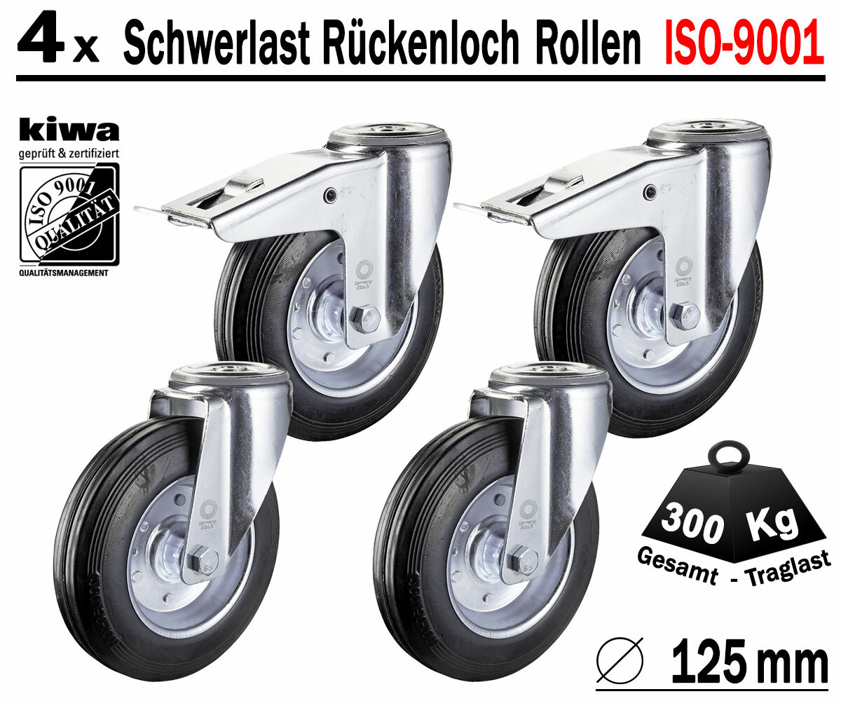 Schwerlast Rückenloch Transport Lenk Rollen 4 x Ø 125mm Br-Le/ BS-Rollen Germany