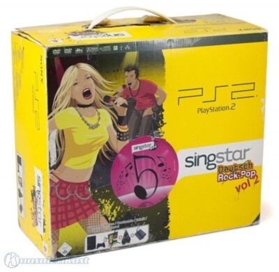 PS2 Konsole Slim schwarz + DualShock 2, Mikros, Singstar D Rock-Pop 2, Zub + OVP