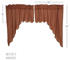 Burgundy & Dark Tan Check Window Swag Country-Style Set White Cotton Lined 72" W