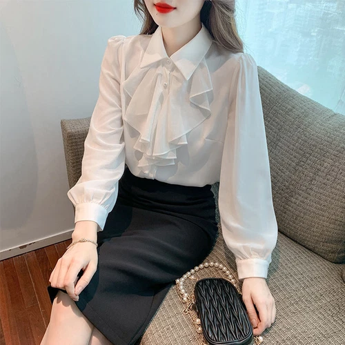 Women Chiffon Ruffle Blouse Long Sleeve Shirt Button Down Office Summer Top - Picture 5 of 8
