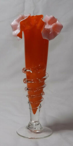 Vase artistique à volants de Murano design relief tube en verre transparent doublé orange/blanc - Photo 1/9
