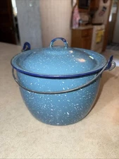 Vintage Blue Graniteware Enamel Berry Bucket & Lid Bale Handle Lunch Pail EUC!!!