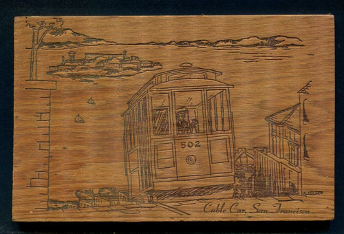 USA Wooden Postcard - 'Cable Car San Francisco' Used (4mm Thick)