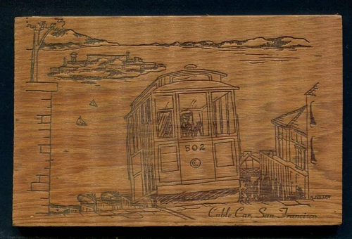 USA Wooden Postcard -  'Cable Car San Francisco' Used (4mm Thick)