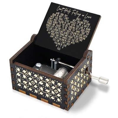 Akrehyull Can't Help Falling in Love Music Box, Hand Crank Vintage Wood Black