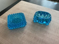 2 Bright Blue Vintage Salt Dishes Hobnail